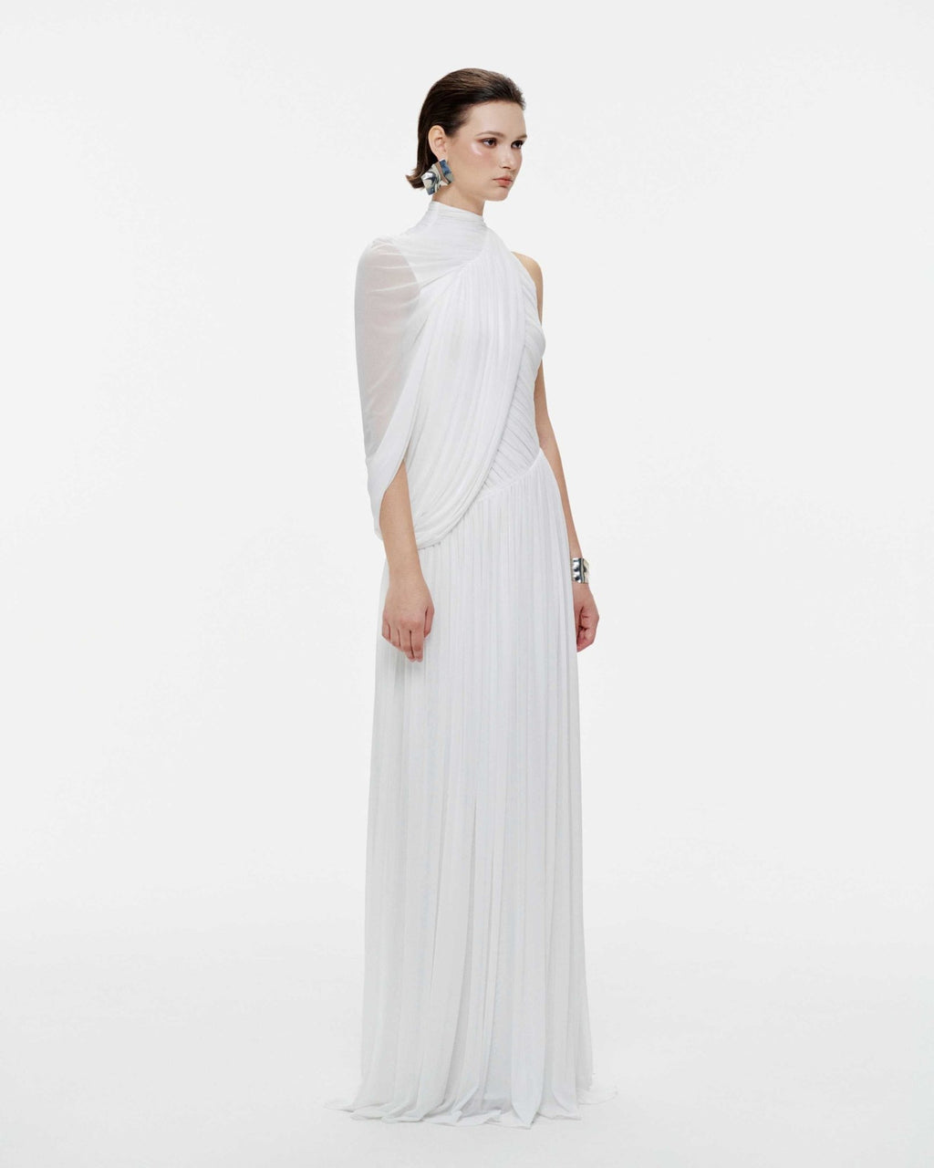 Halter Neck Single Cape Sleeve Cross Ruched Bodice Pleated Chiffon Maxi Gown - MAYMOONLY