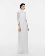 Halter Neck Single Cape Sleeve Cross Ruched Bodice Pleated Chiffon Maxi Gown - MAYMOONLY