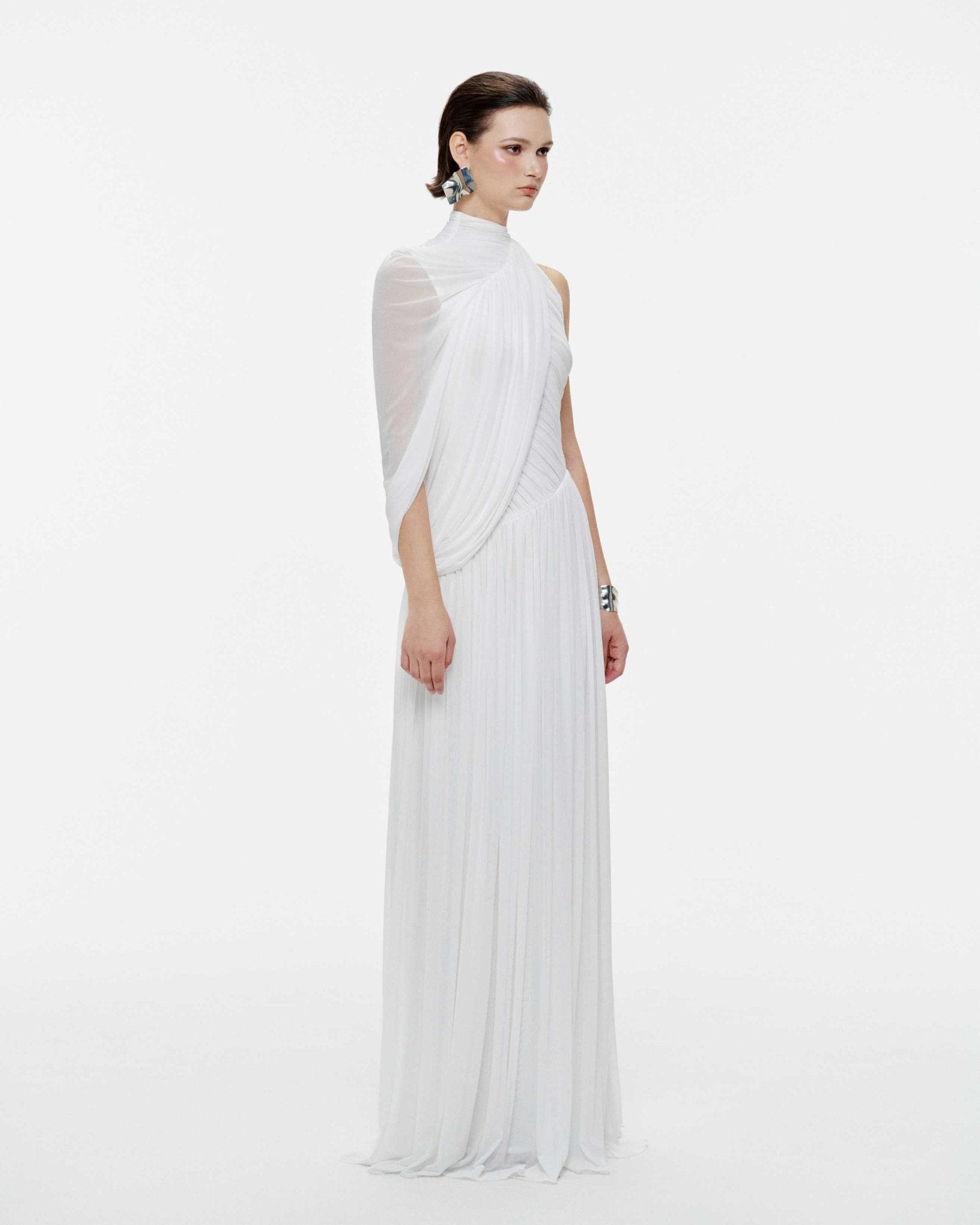 Halter Neck Single Cape Sleeve Cross Ruched Bodice Pleated Chiffon Maxi Gown - MAYMOONLY