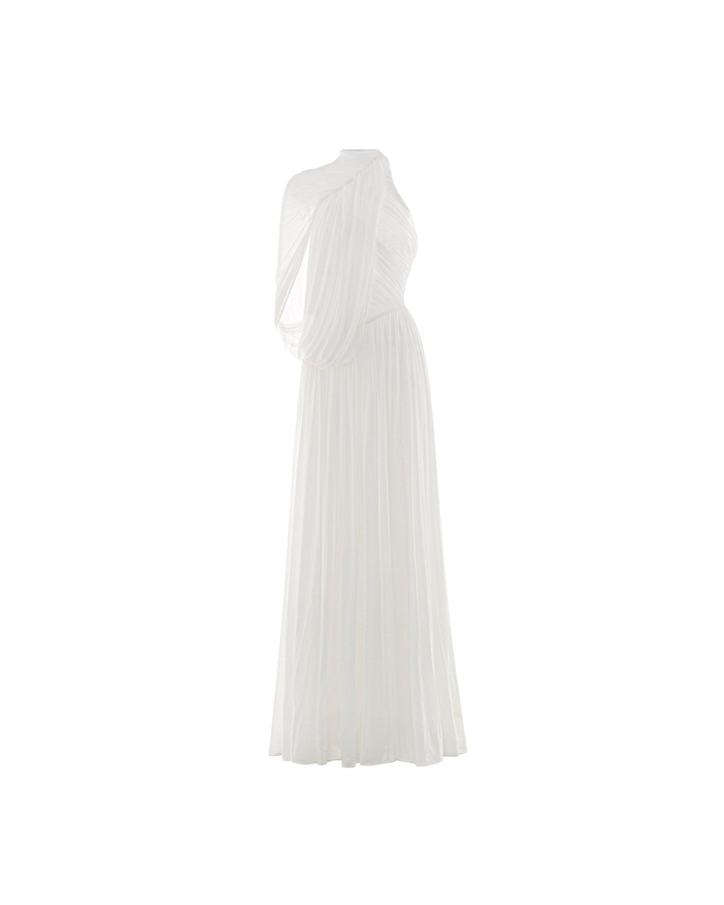 Halter Neck Single Cape Sleeve Cross Ruched Bodice Pleated Chiffon Maxi Gown - MAYMOONLY