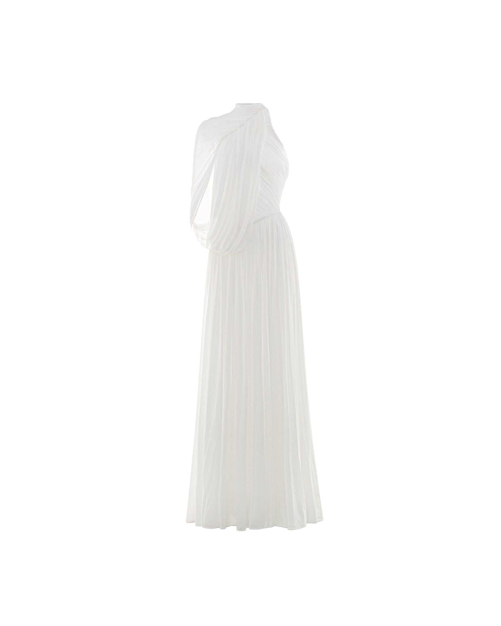 Halter Neck Single Cape Sleeve Cross Ruched Bodice Pleated Chiffon Maxi Gown - MAYMOONLY