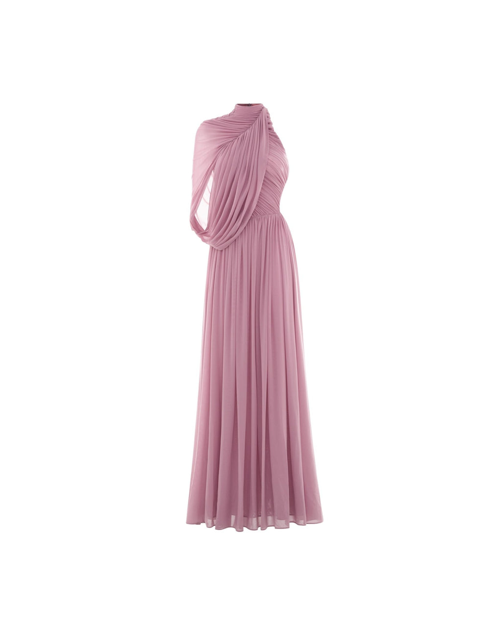 Halter Neck Single Cape Sleeve Cross Ruched Bodice Pleated Chiffon Maxi Gown - MAYMOONLY