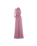 Halter Neck Single Cape Sleeve Cross Ruched Bodice Pleated Chiffon Maxi Gown - MAYMOONLY