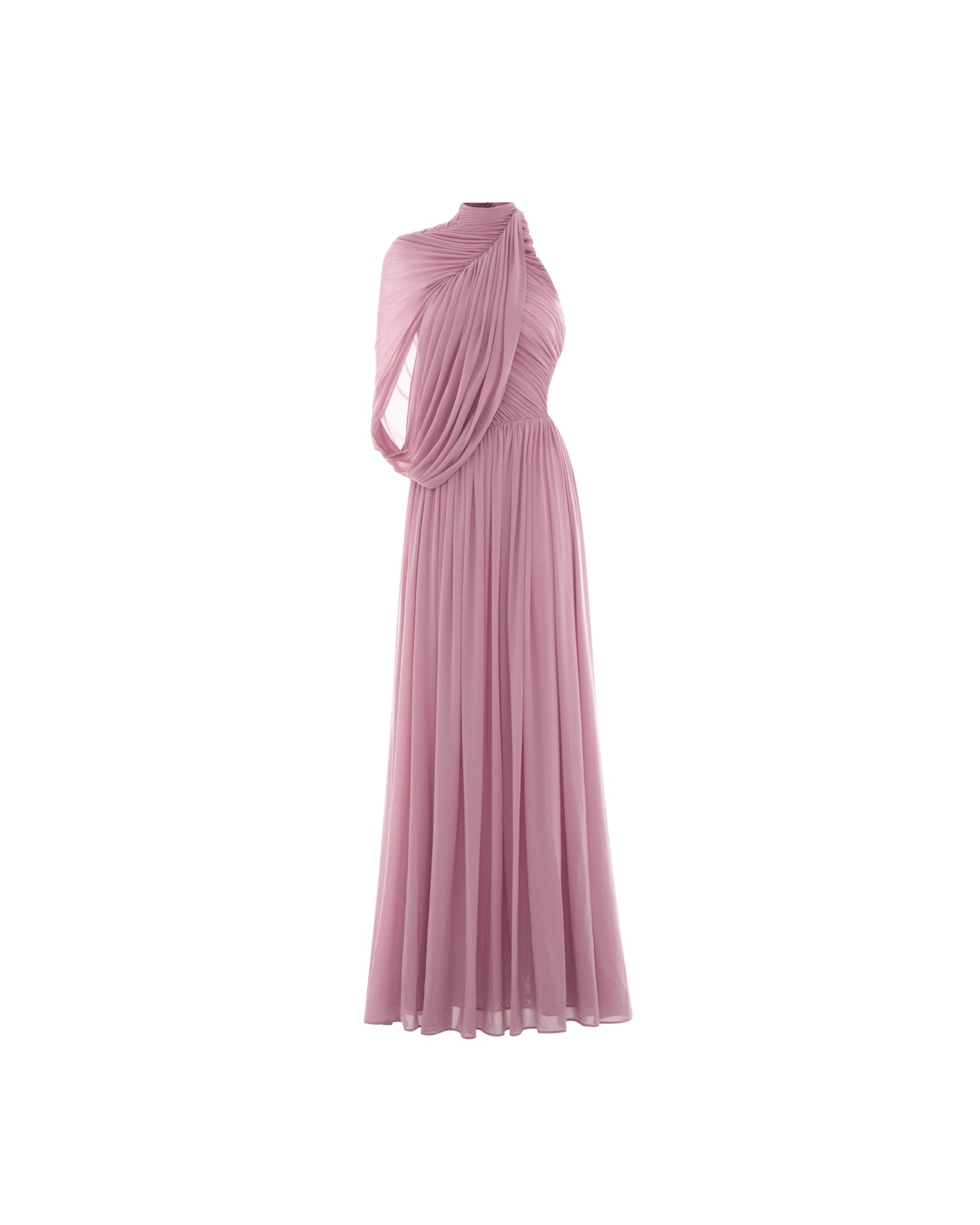 Halter Neck Single Cape Sleeve Cross Ruched Bodice Pleated Chiffon Maxi Gown - MAYMOONLY