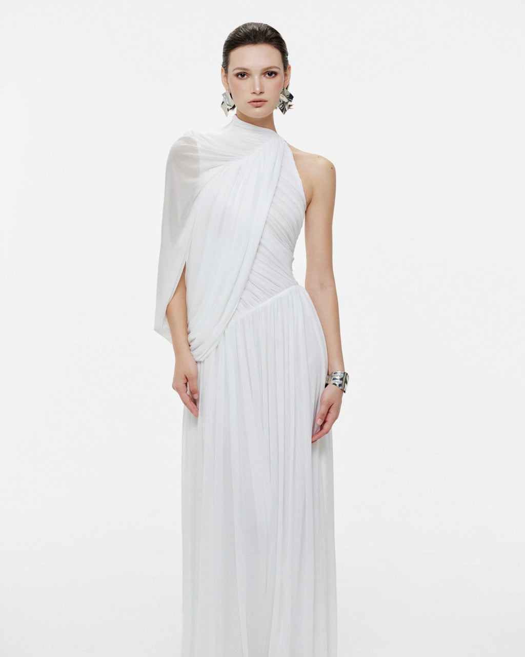 Halter Neck Single Cape Sleeve Cross Ruched Bodice Pleated Chiffon Maxi Gown - MAYMOONLY