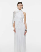 Halter Neck Single Cape Sleeve Cross Ruched Bodice Pleated Chiffon Maxi Gown - MAYMOONLY