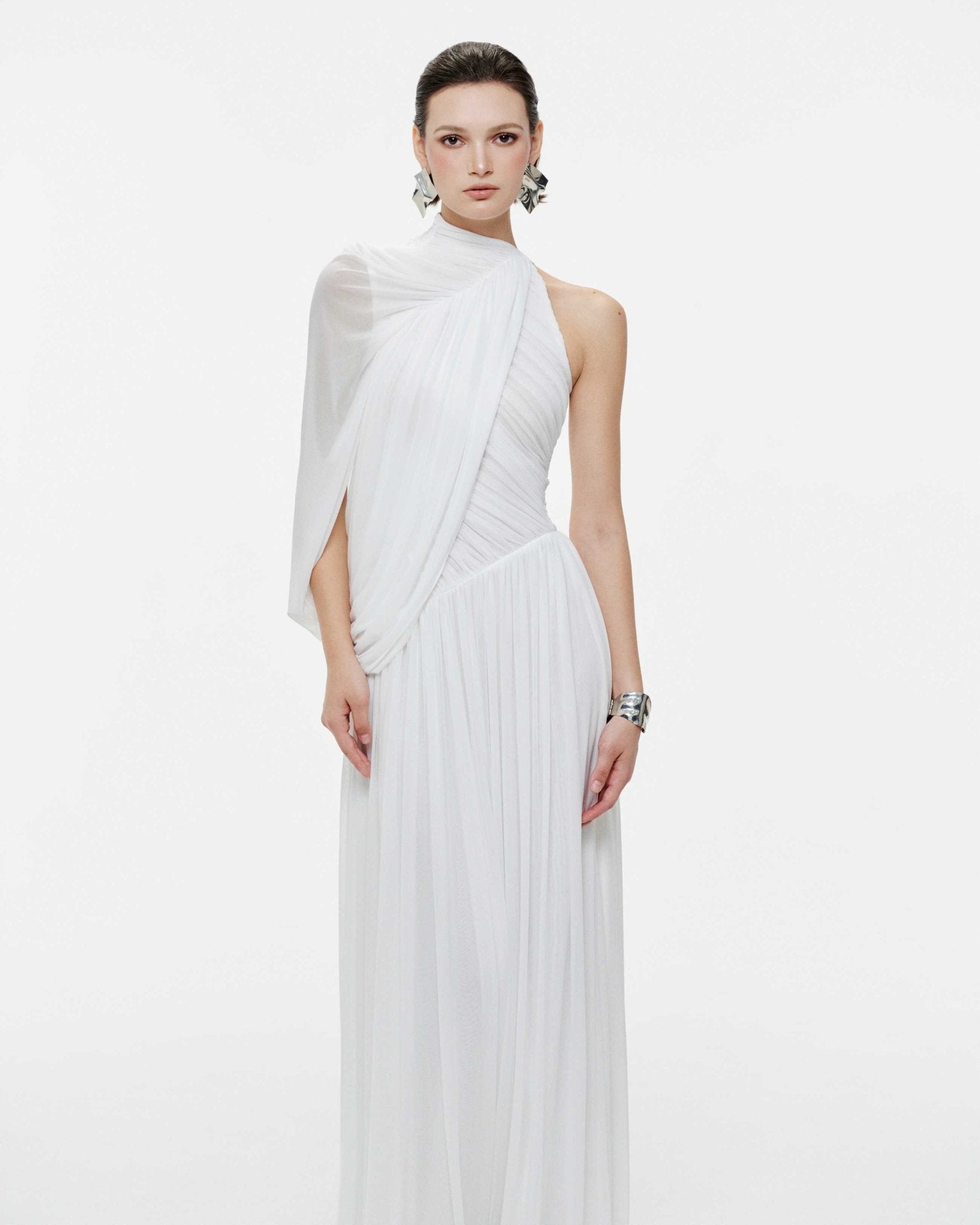 Halter Neck Single Cape Sleeve Cross Ruched Bodice Pleated Chiffon Maxi Gown - MAYMOONLY