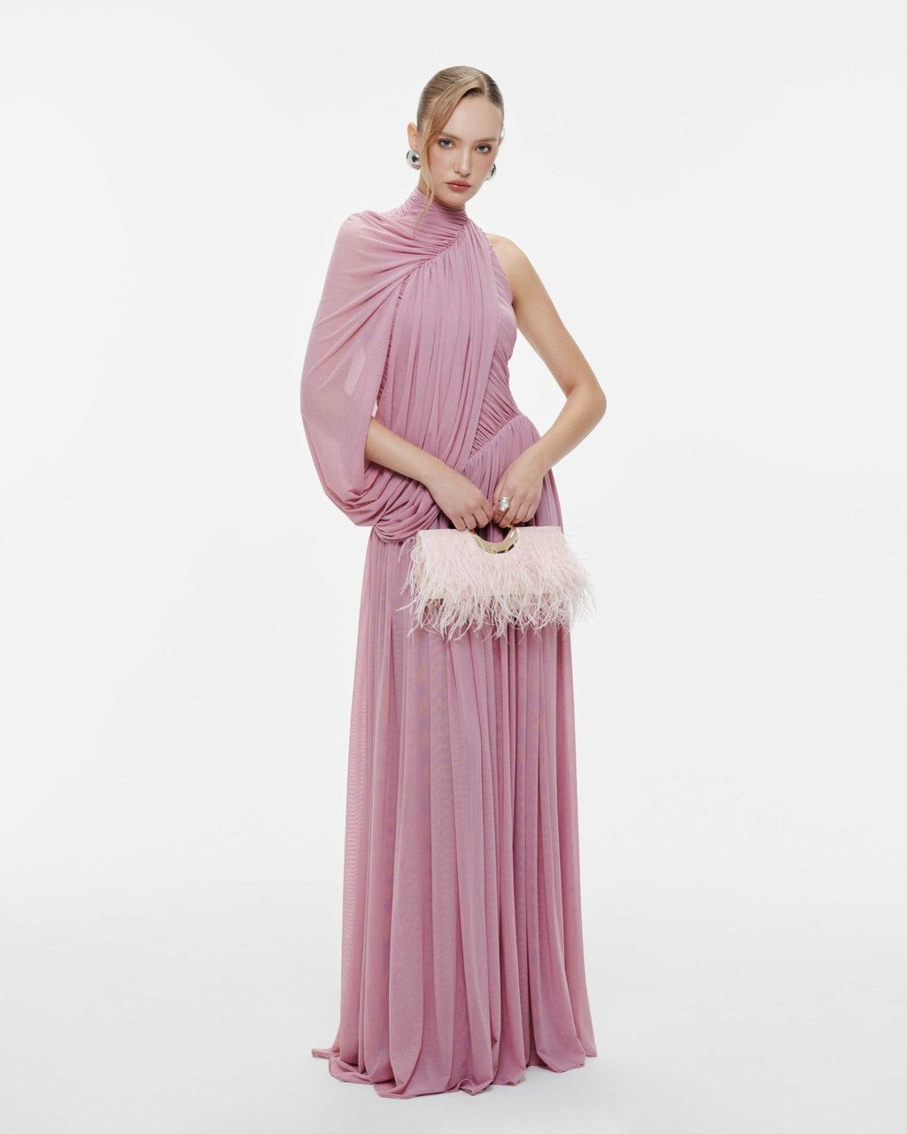 Halter Neck Single Cape Sleeve Cross Ruched Bodice Pleated Chiffon Maxi Gown - MAYMOONLY