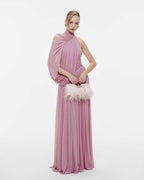 Halter Neck Single Cape Sleeve Cross Ruched Bodice Pleated Chiffon Maxi Gown - MAYMOONLY