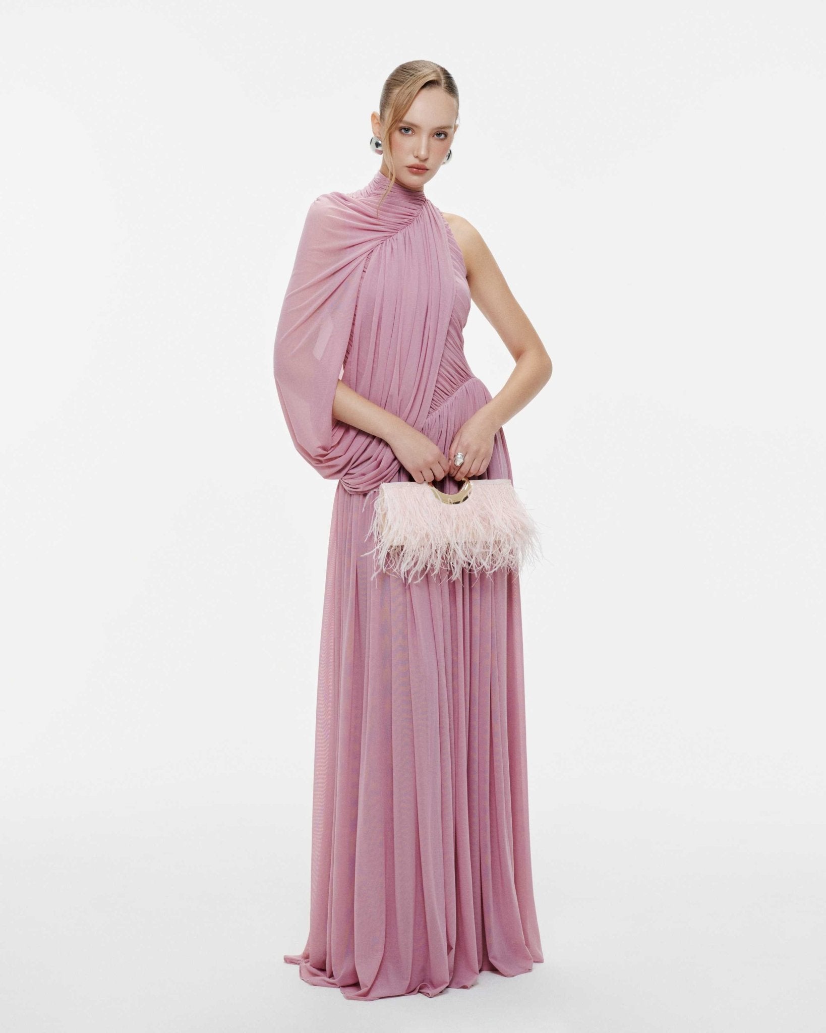 Halter Neck Single Cape Sleeve Cross Ruched Bodice Pleated Chiffon Maxi Gown - MAYMOONLY