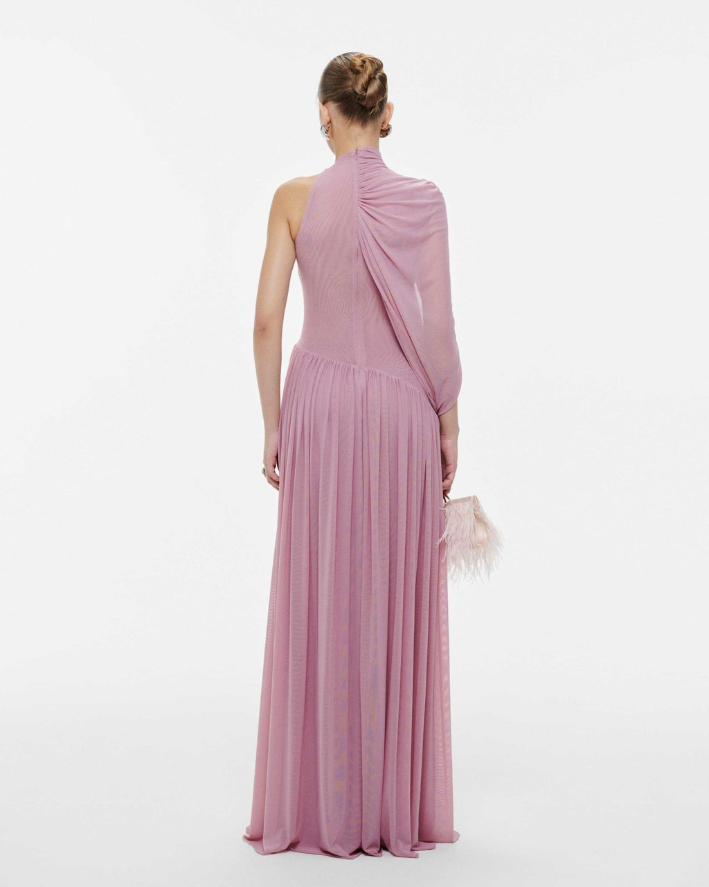 Halter Neck Single Cape Sleeve Cross Ruched Bodice Pleated Chiffon Maxi Gown - MAYMOONLY