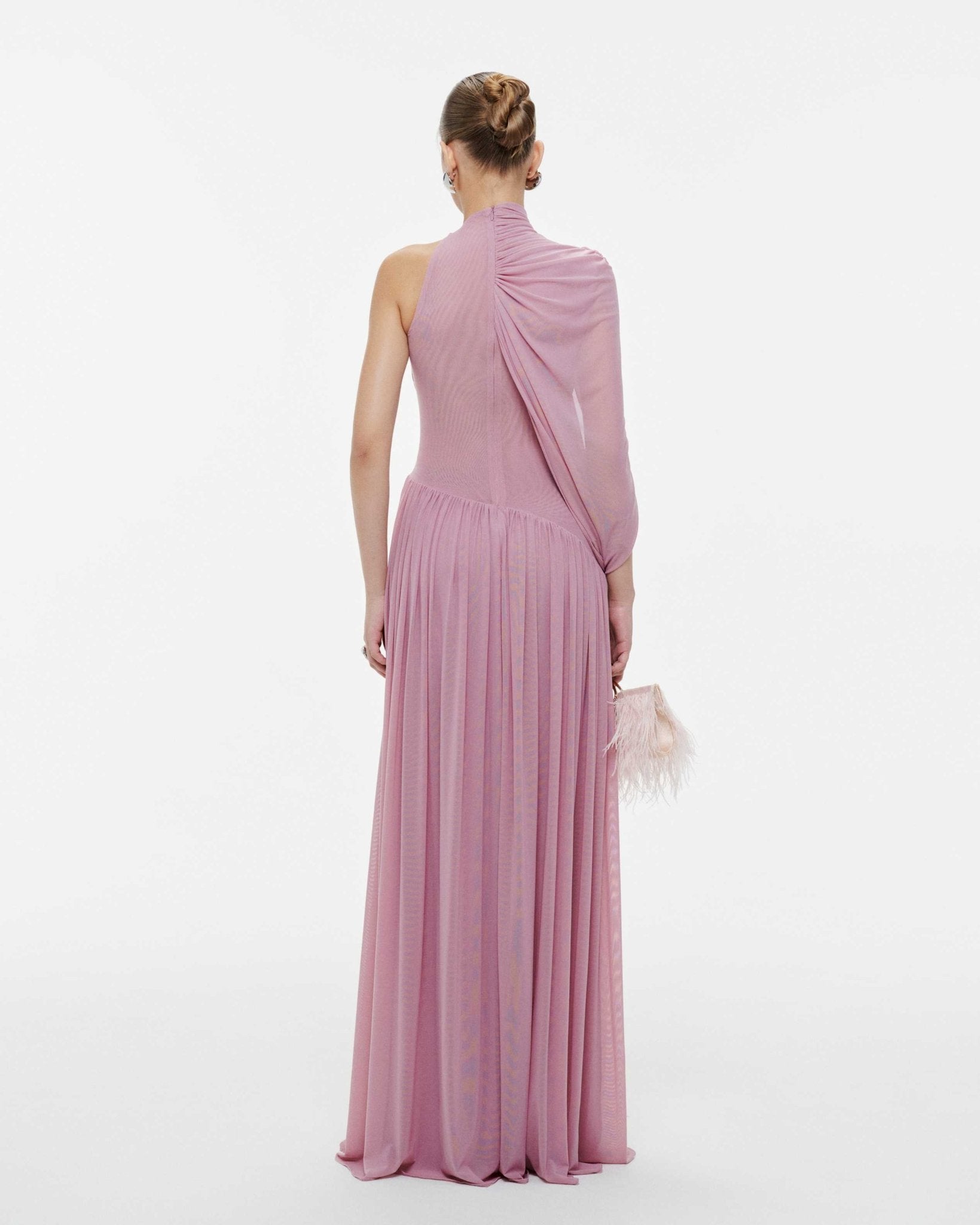 Halter Neck Single Cape Sleeve Cross Ruched Bodice Pleated Chiffon Maxi Gown - MAYMOONLY