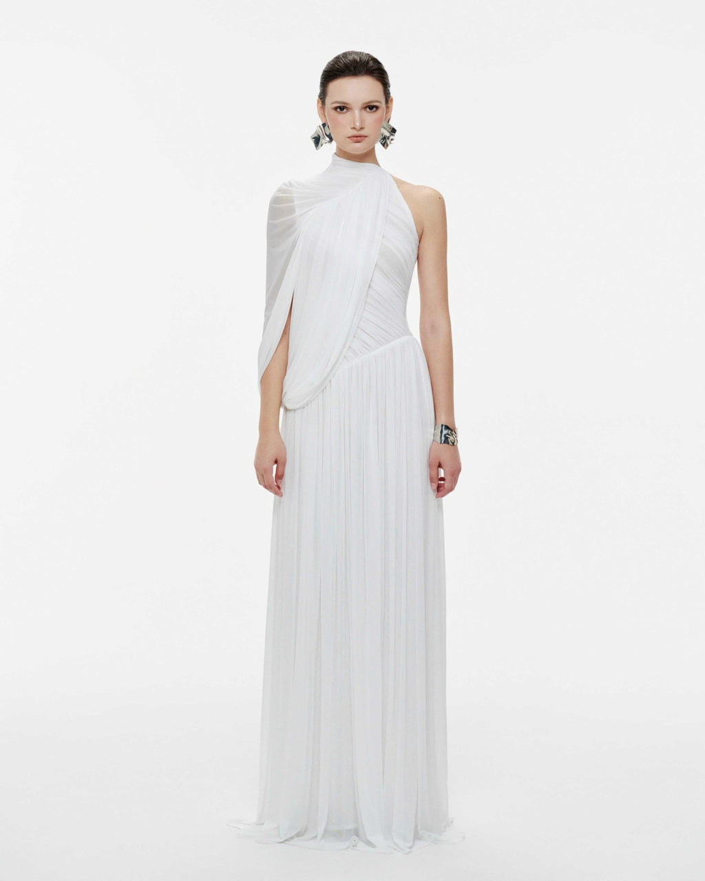 Halter Neck Single Cape Sleeve Cross Ruched Bodice Pleated Chiffon Maxi Gown - MAYMOONLY