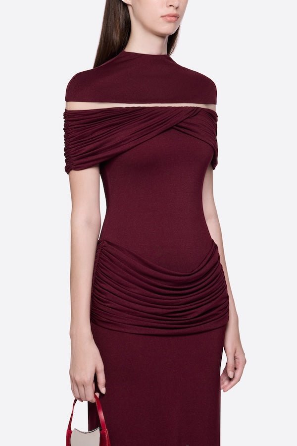 High Neck Chest Cutout Waist Tiered Ruched Floor Length Formal Gown - MAYMOONLY