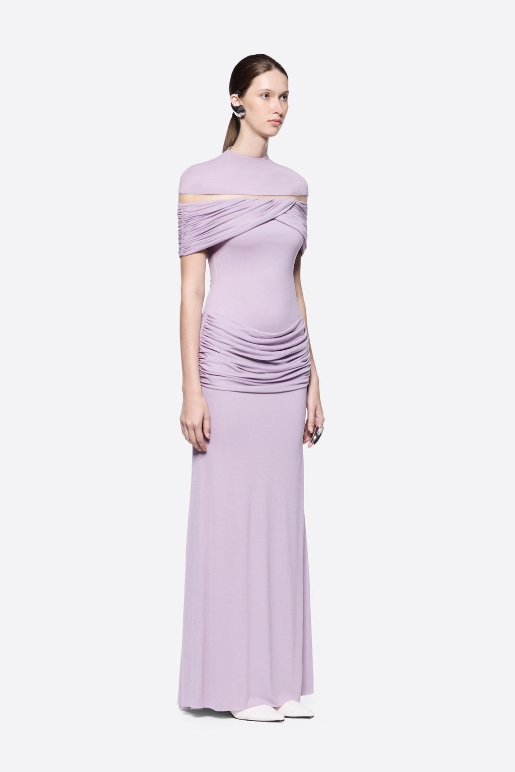 High Neck Chest Cutout Waist Tiered Ruched Floor Length Formal Gown - MAYMOONLY