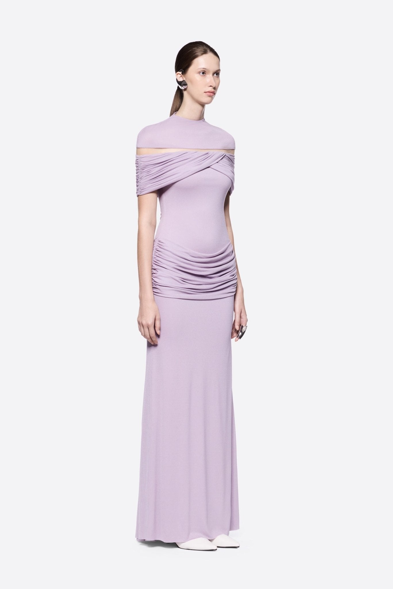 High Neck Chest Cutout Waist Tiered Ruched Floor Length Formal Gown - MAYMOONLY