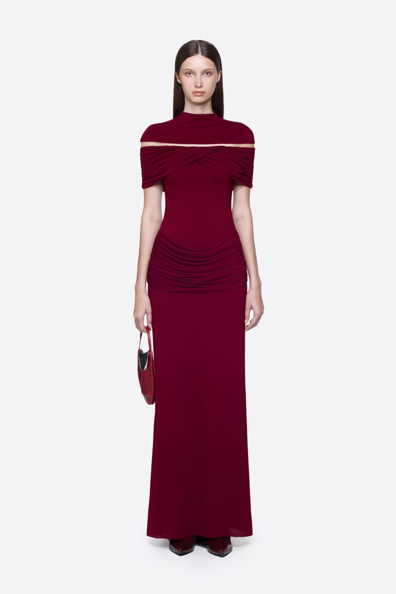 High Neck Chest Cutout Waist Tiered Ruched Floor Length Formal Gown - MAYMOONLY