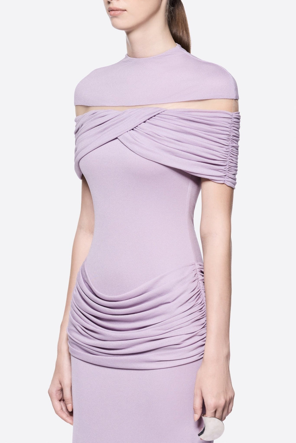 High Neck Chest Cutout Waist Tiered Ruched Floor Length Formal Gown - MAYMOONLY