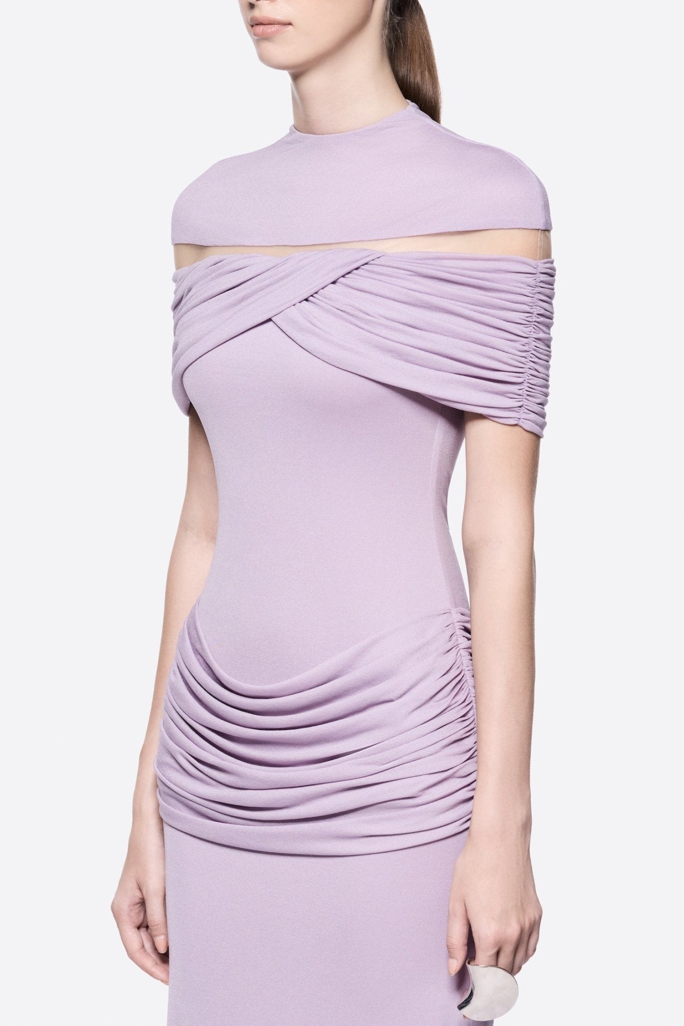 High Neck Chest Cutout Waist Tiered Ruched Floor Length Formal Gown - MAYMOONLY