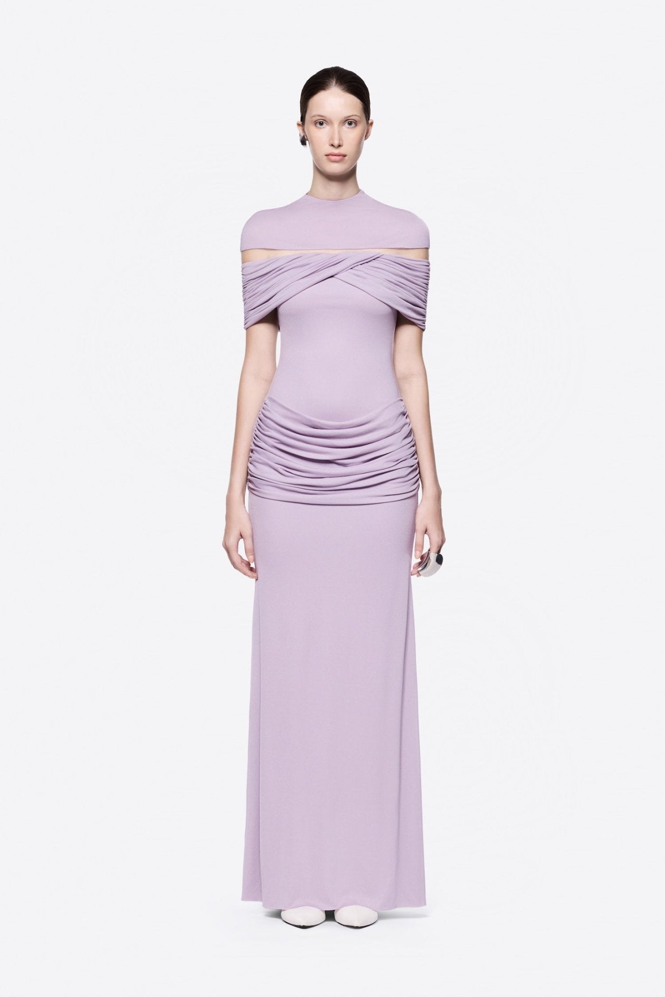 High Neck Chest Cutout Waist Tiered Ruched Floor Length Formal Gown - MAYMOONLY