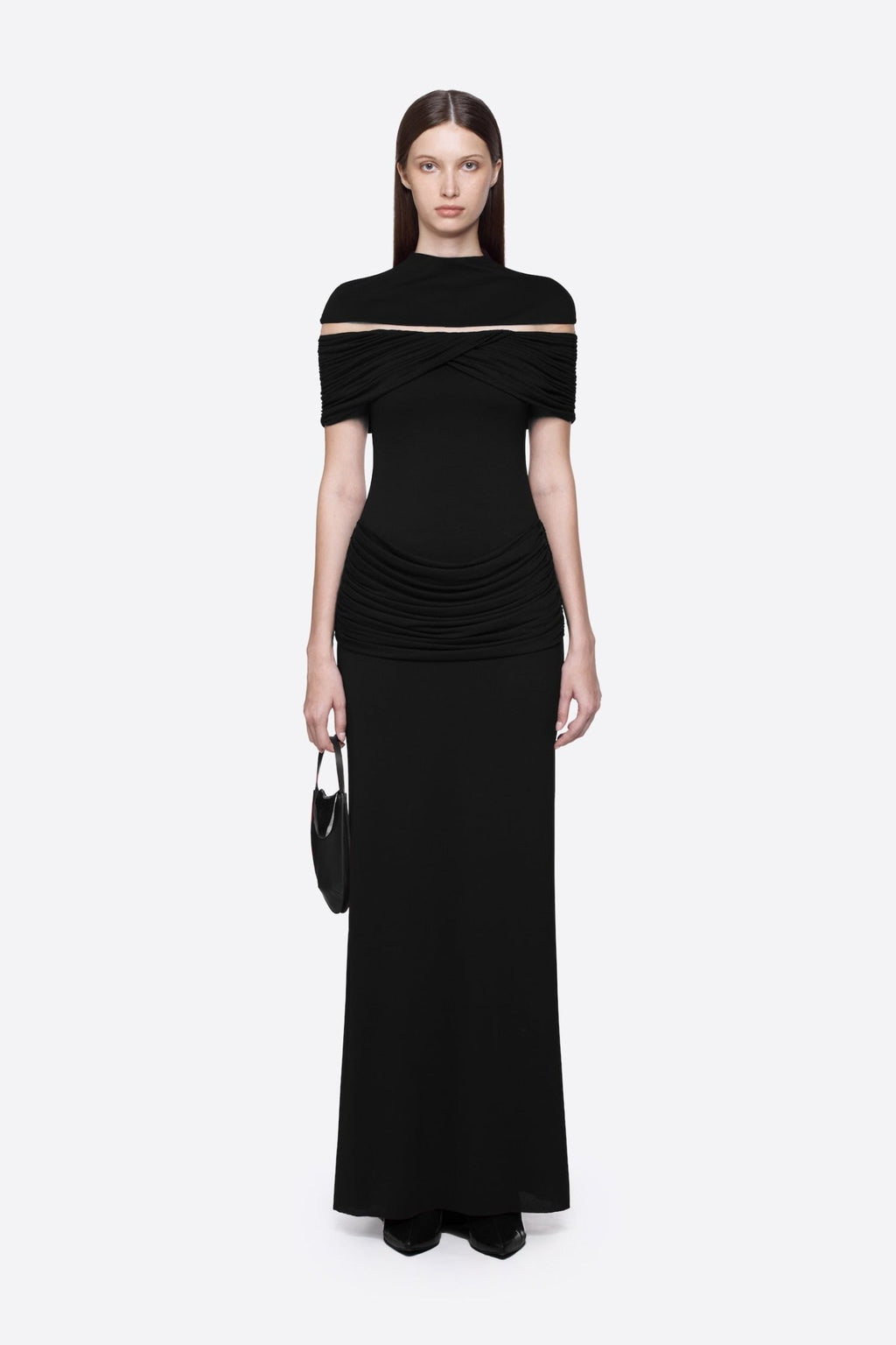 High Neck Chest Cutout Waist Tiered Ruched Floor Length Formal Gown - MAYMOONLY