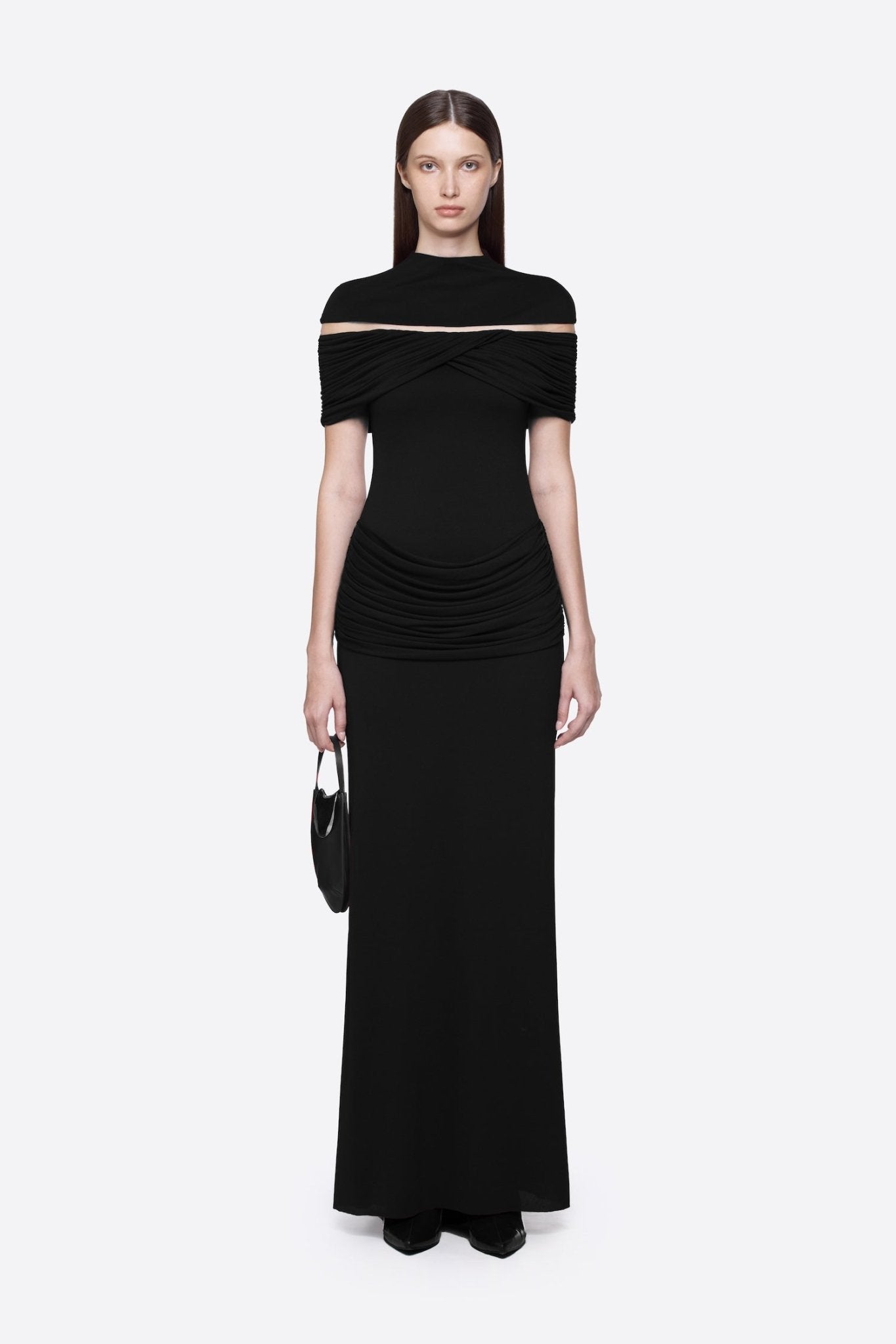 High Neck Chest Cutout Waist Tiered Ruched Floor Length Formal Gown - MAYMOONLY