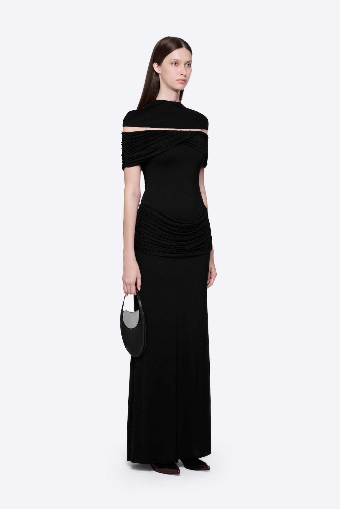 High Neck Chest Cutout Waist Tiered Ruched Floor Length Formal Gown - MAYMOONLY