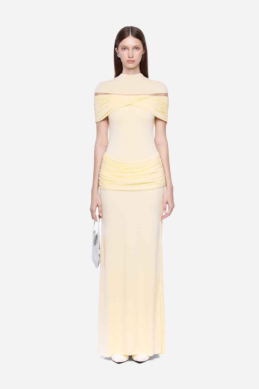 High Neck Chest Cutout Waist Tiered Ruched Floor Length Formal Gown - MAYMOONLY