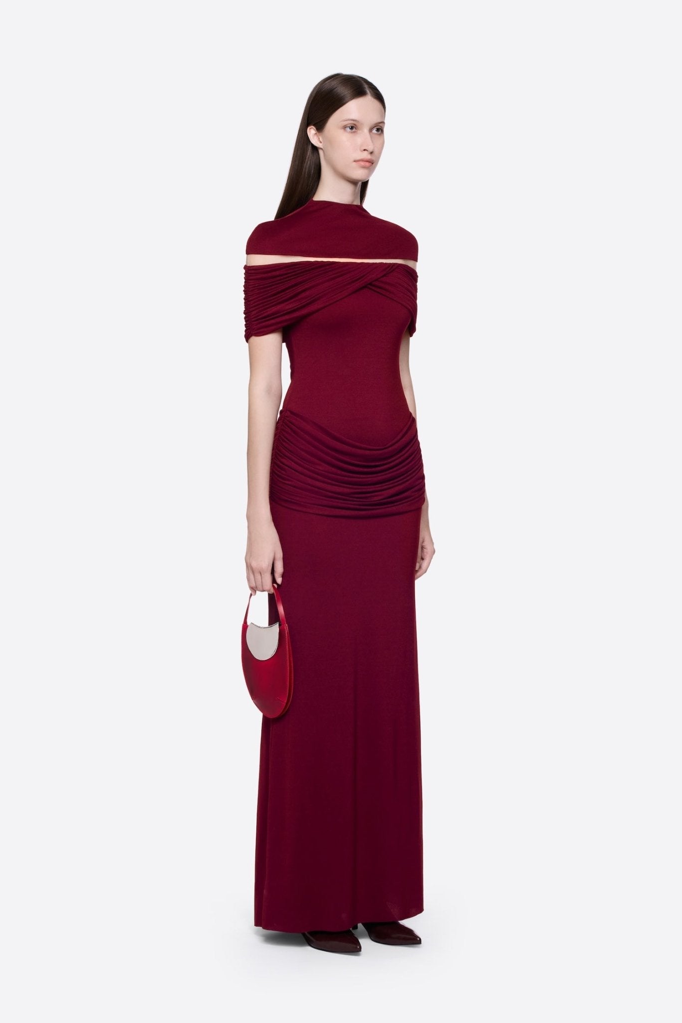 High Neck Chest Cutout Waist Tiered Ruched Floor Length Formal Gown - MAYMOONLY