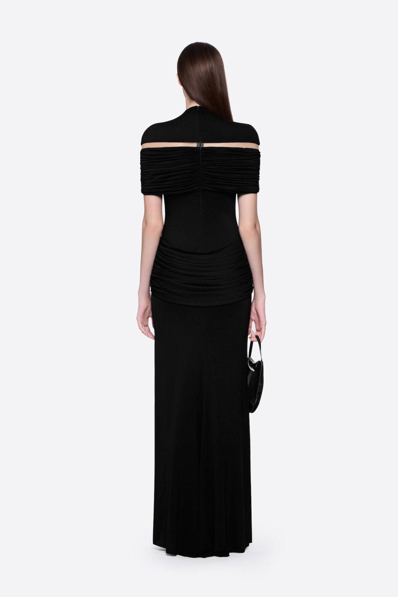 High Neck Chest Cutout Waist Tiered Ruched Floor Length Formal Gown - MAYMOONLY