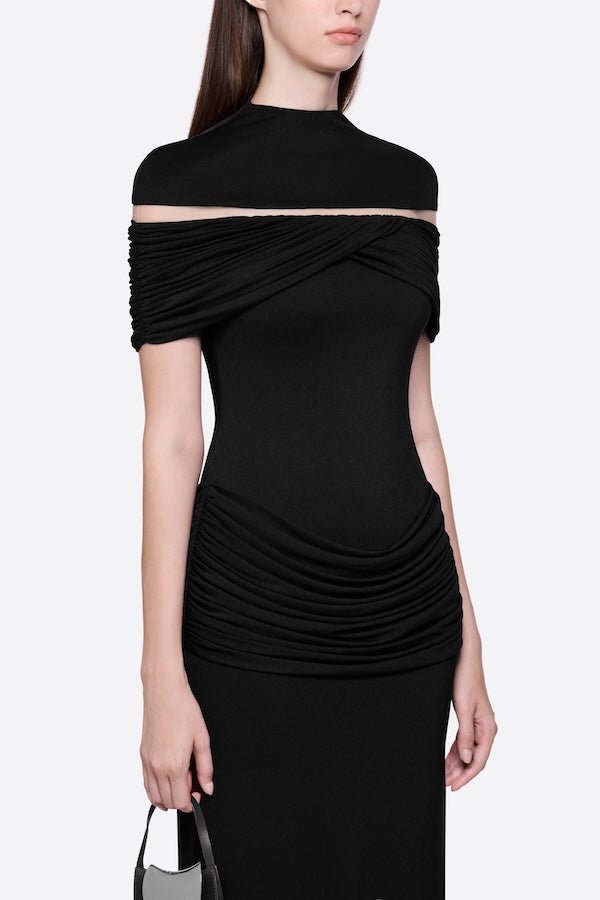 High Neck Chest Cutout Waist Tiered Ruched Floor Length Formal Gown - MAYMOONLY