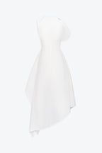 High Neck Fold Shoulder Sleeveless Asymmetric Hem Midi Gown - MAYMOONLY
