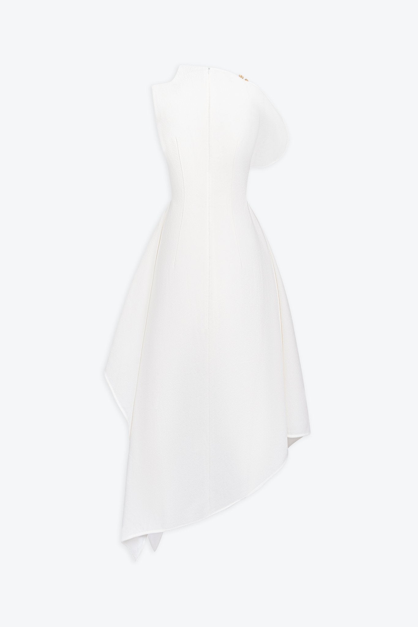 High Neck Fold Shoulder Sleeveless Asymmetric Hem Midi Gown - MAYMOONLY
