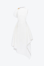 High Neck Fold Shoulder Sleeveless Asymmetric Hem Midi Gown - MAYMOONLY