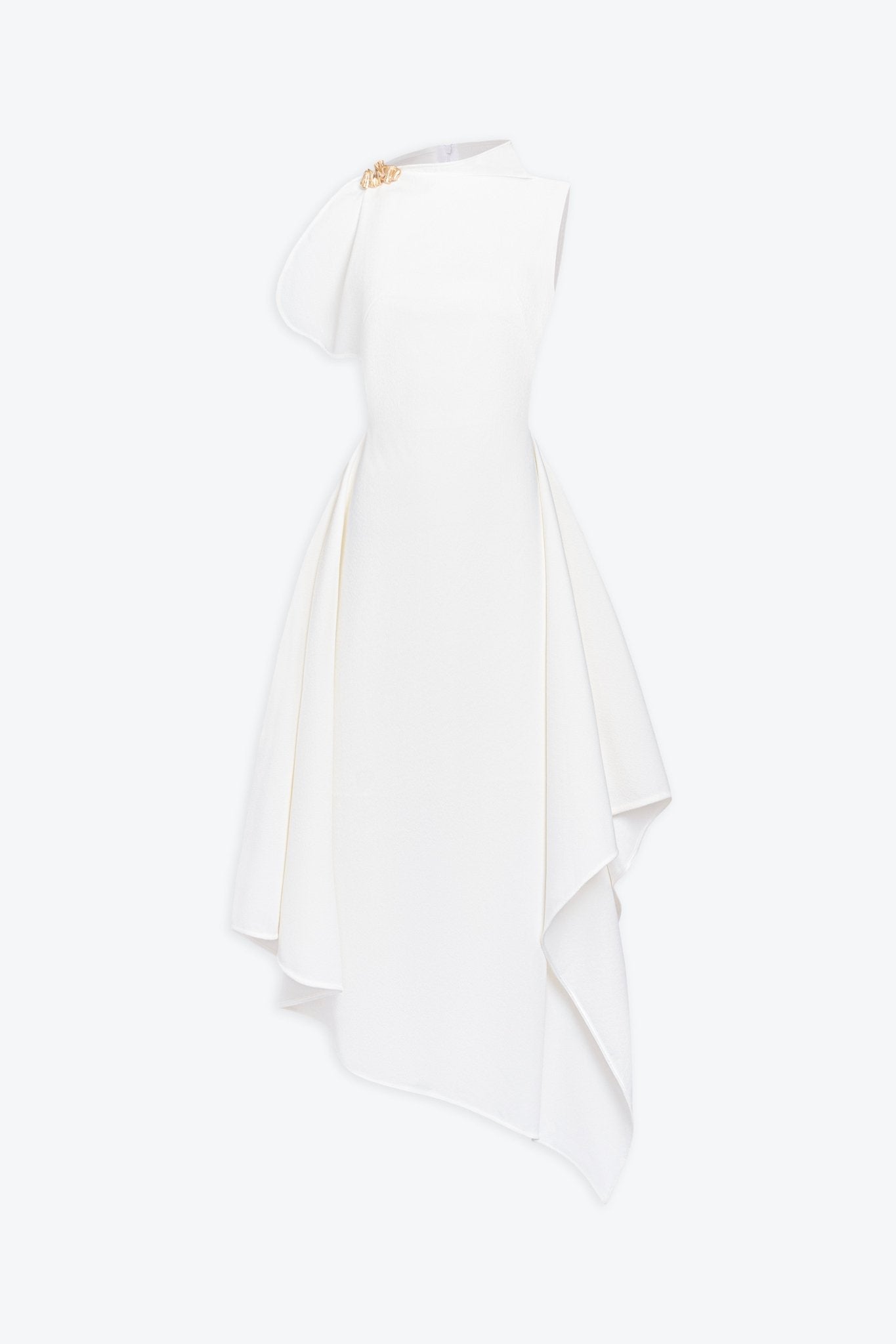 High Neck Fold Shoulder Sleeveless Asymmetric Hem Midi Gown - MAYMOONLY