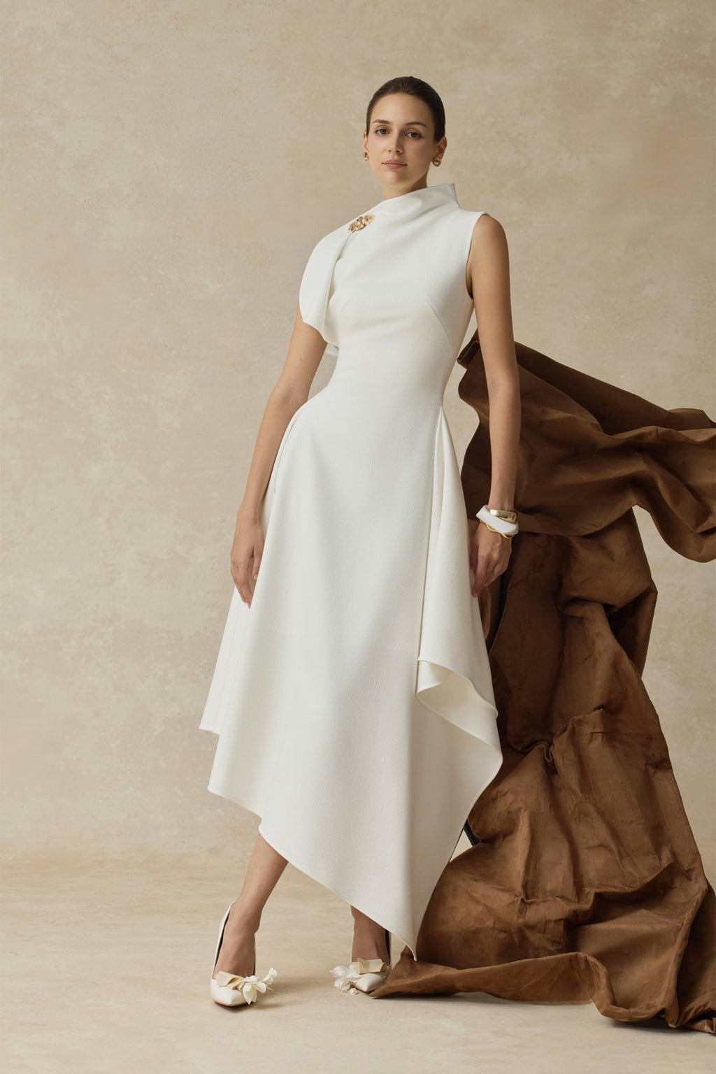 High Neck Fold Shoulder Sleeveless Asymmetric Hem Midi Gown - MAYMOONLY