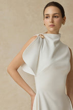 High Neck Fold Shoulder Sleeveless Asymmetric Hem Midi Gown - MAYMOONLY