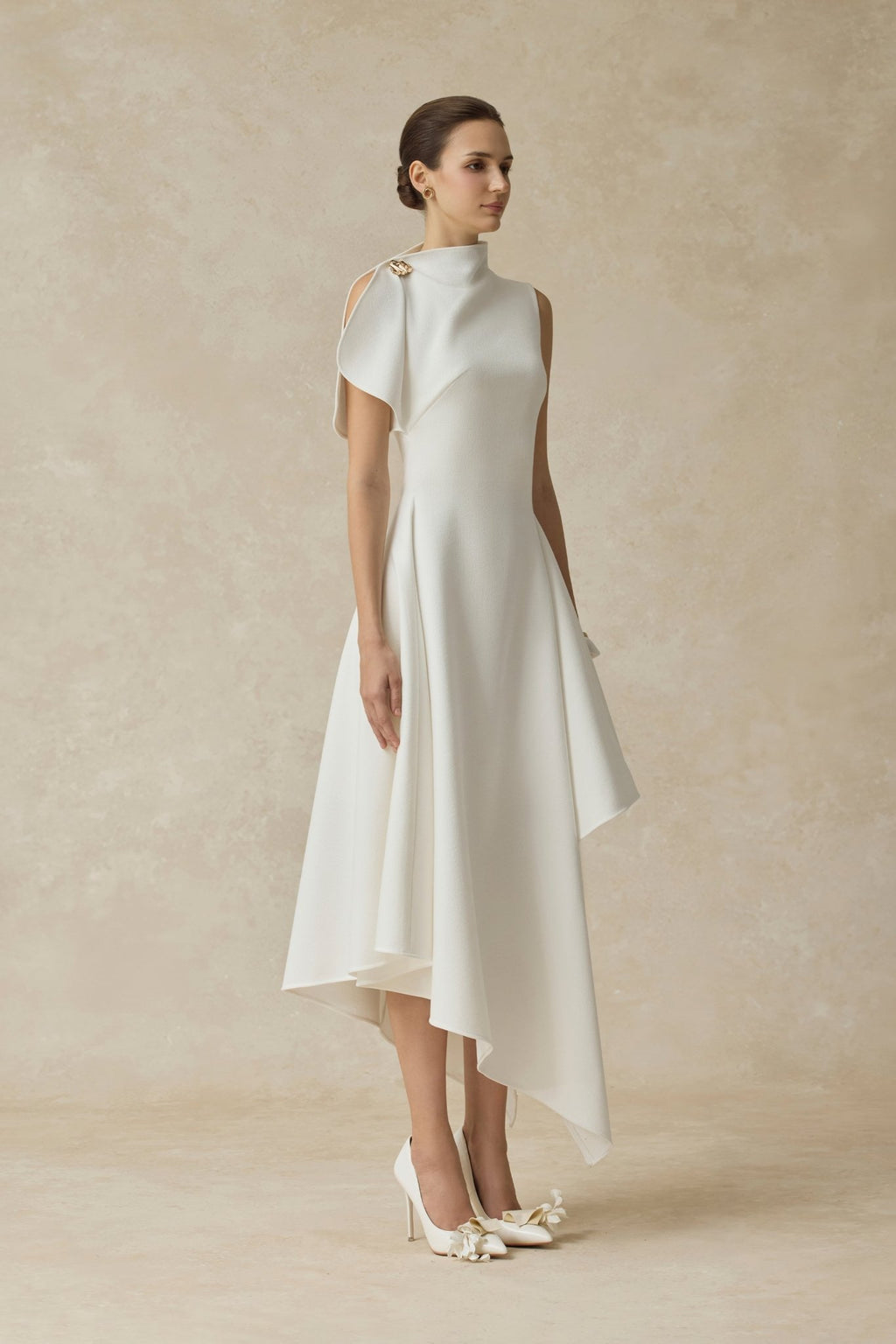 High Neck Fold Shoulder Sleeveless Asymmetric Hem Midi Gown - MAYMOONLY