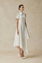 High Neck Fold Shoulder Sleeveless Asymmetric Hem Midi Gown - MAYMOONLY