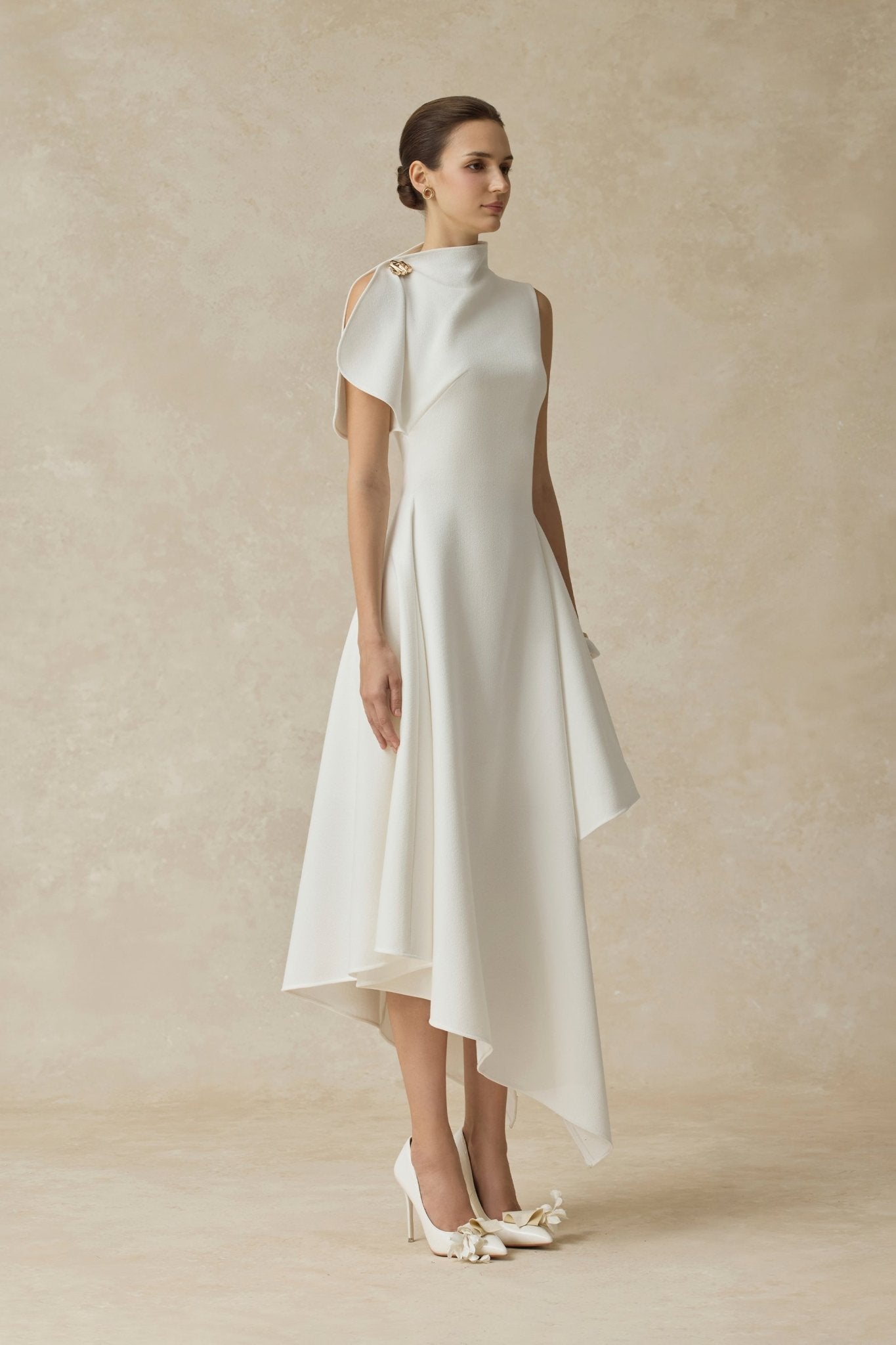 High Neck Fold Shoulder Sleeveless Asymmetric Hem Midi Gown - MAYMOONLY
