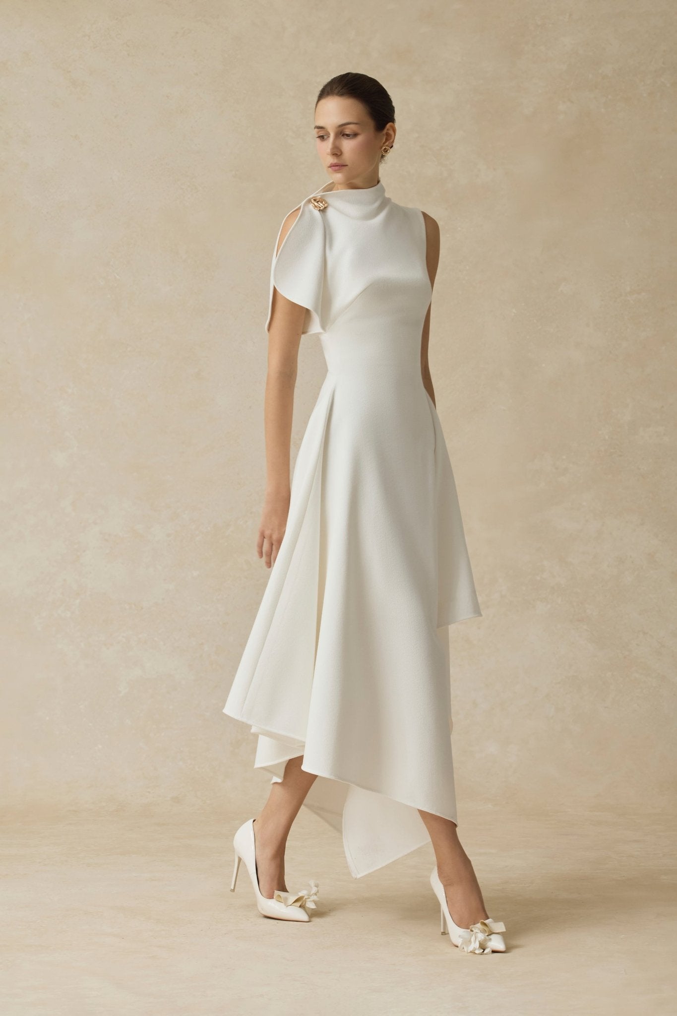High Neck Fold Shoulder Sleeveless Asymmetric Hem Midi Gown - MAYMOONLY