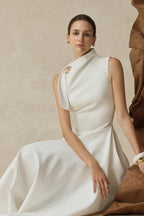High Neck Fold Shoulder Sleeveless Asymmetric Hem Midi Gown - MAYMOONLY