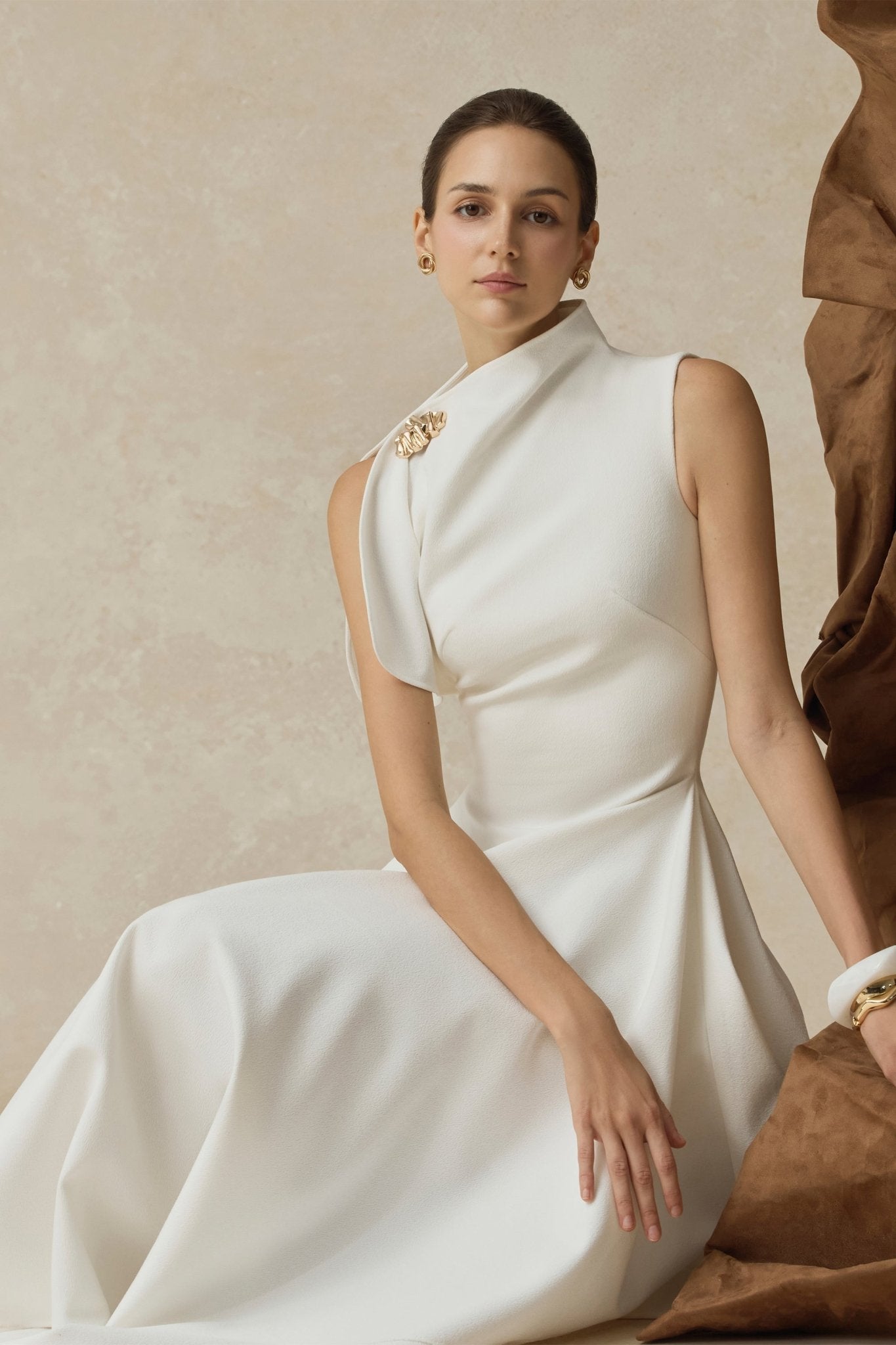 High Neck Fold Shoulder Sleeveless Asymmetric Hem Midi Gown - MAYMOONLY