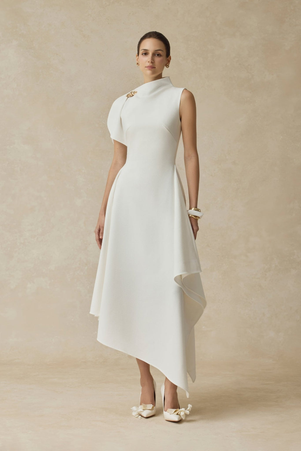 High Neck Fold Shoulder Sleeveless Asymmetric Hem Midi Gown - MAYMOONLY