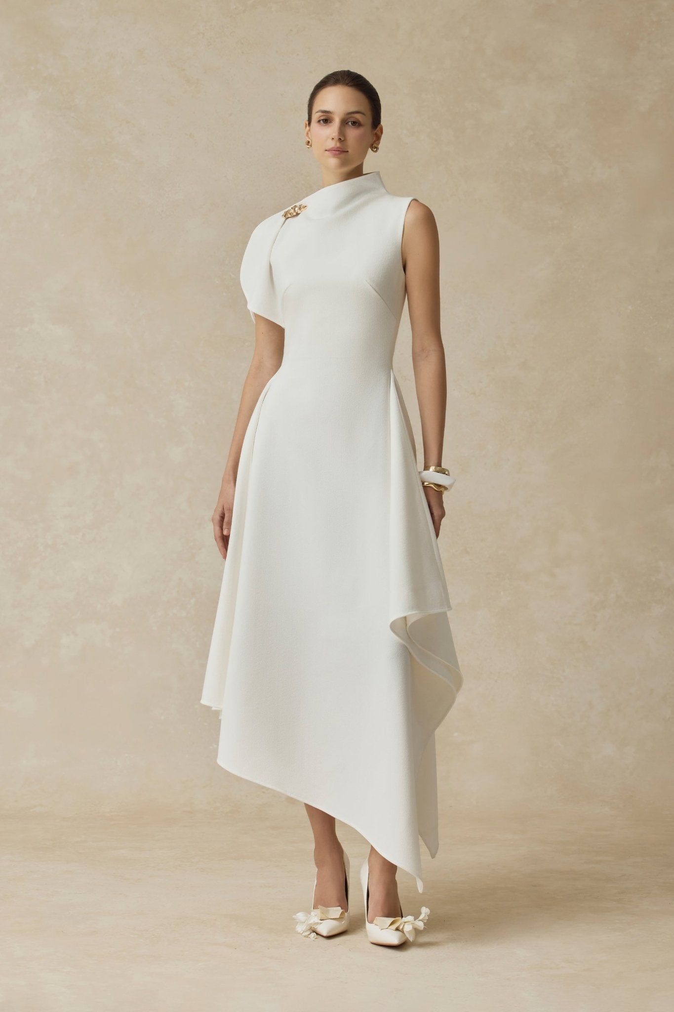 High Neck Fold Shoulder Sleeveless Asymmetric Hem Midi Gown - MAYMOONLY