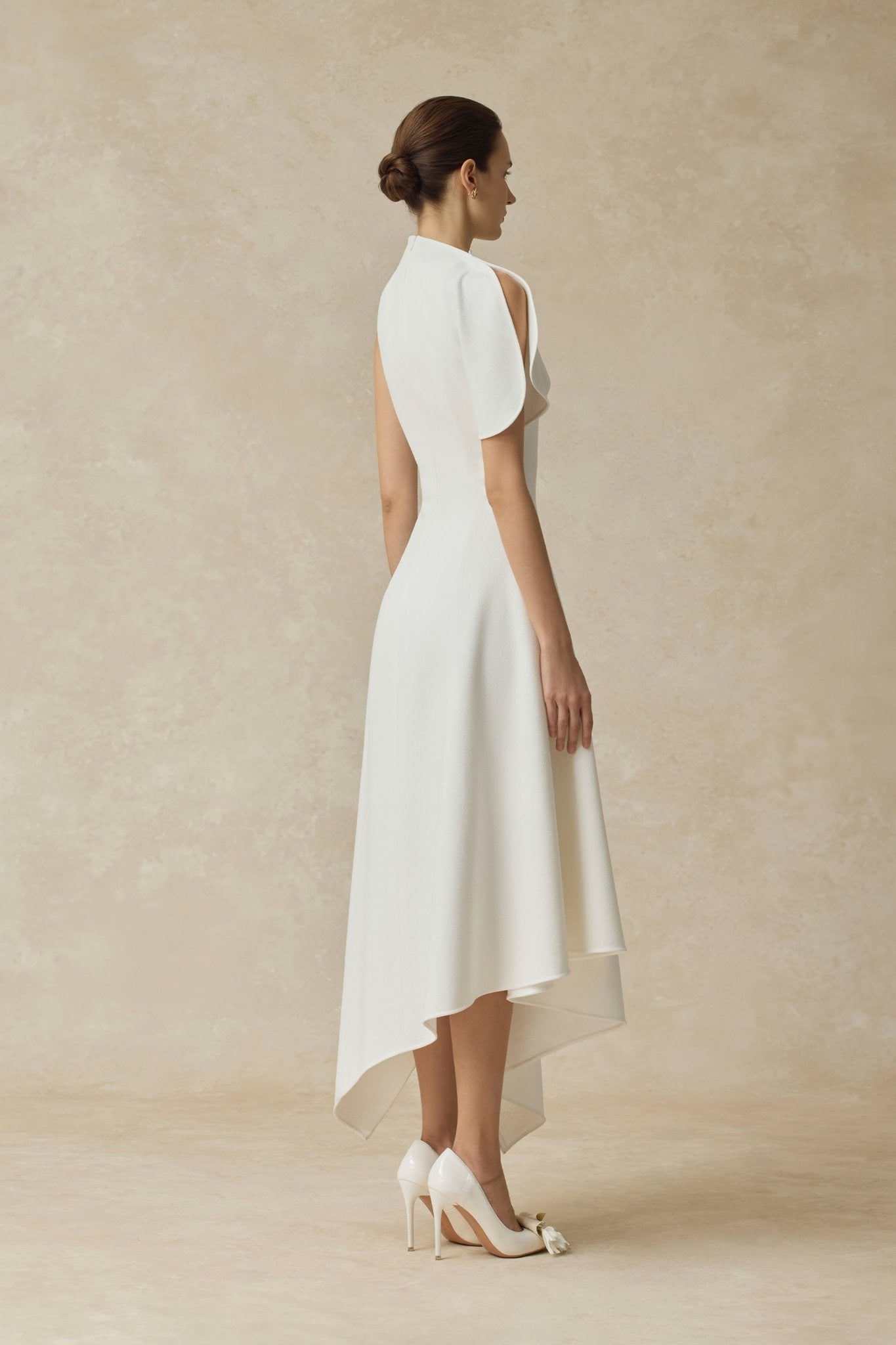 High Neck Fold Shoulder Sleeveless Asymmetric Hem Midi Gown - MAYMOONLY