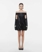 High Neck Sheer Mesh Sleeve Cape Draped Ruched Train Maxi Gown - MAYMOONLY