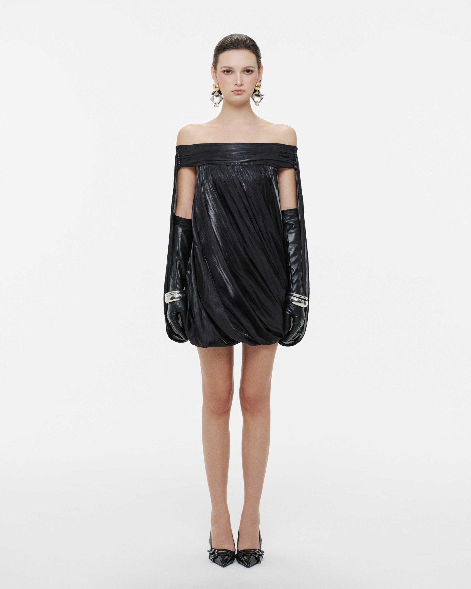 High Neck Sheer Mesh Sleeve Cape Draped Ruched Train Maxi Gown - MAYMOONLY