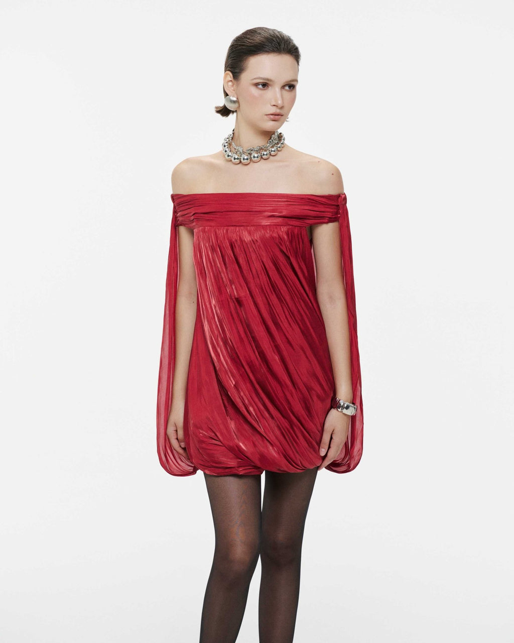 High Neck Sheer Mesh Sleeve Cape Draped Ruched Train Maxi Gown - MAYMOONLY