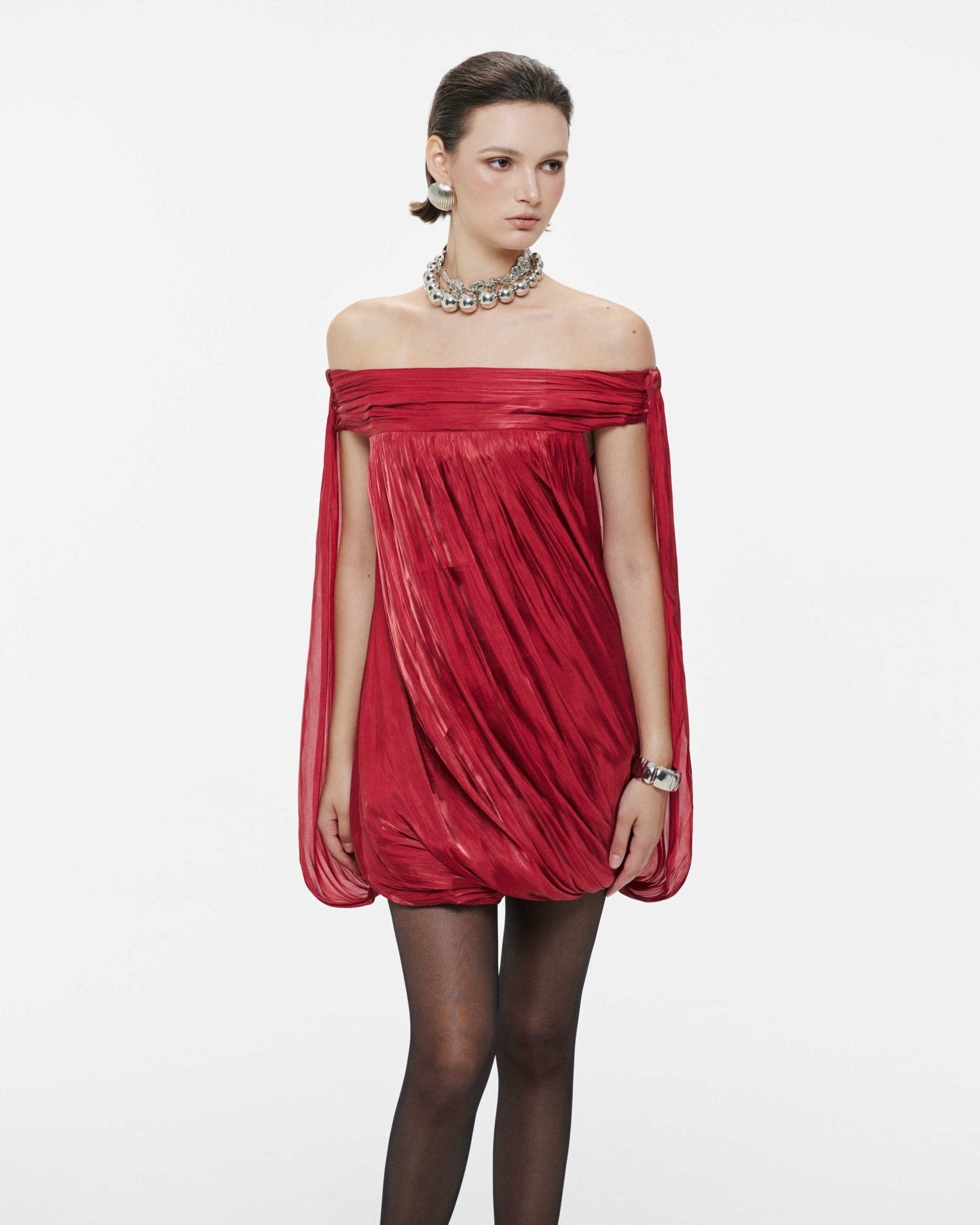 High Neck Sheer Mesh Sleeve Cape Draped Ruched Train Maxi Gown - MAYMOONLY